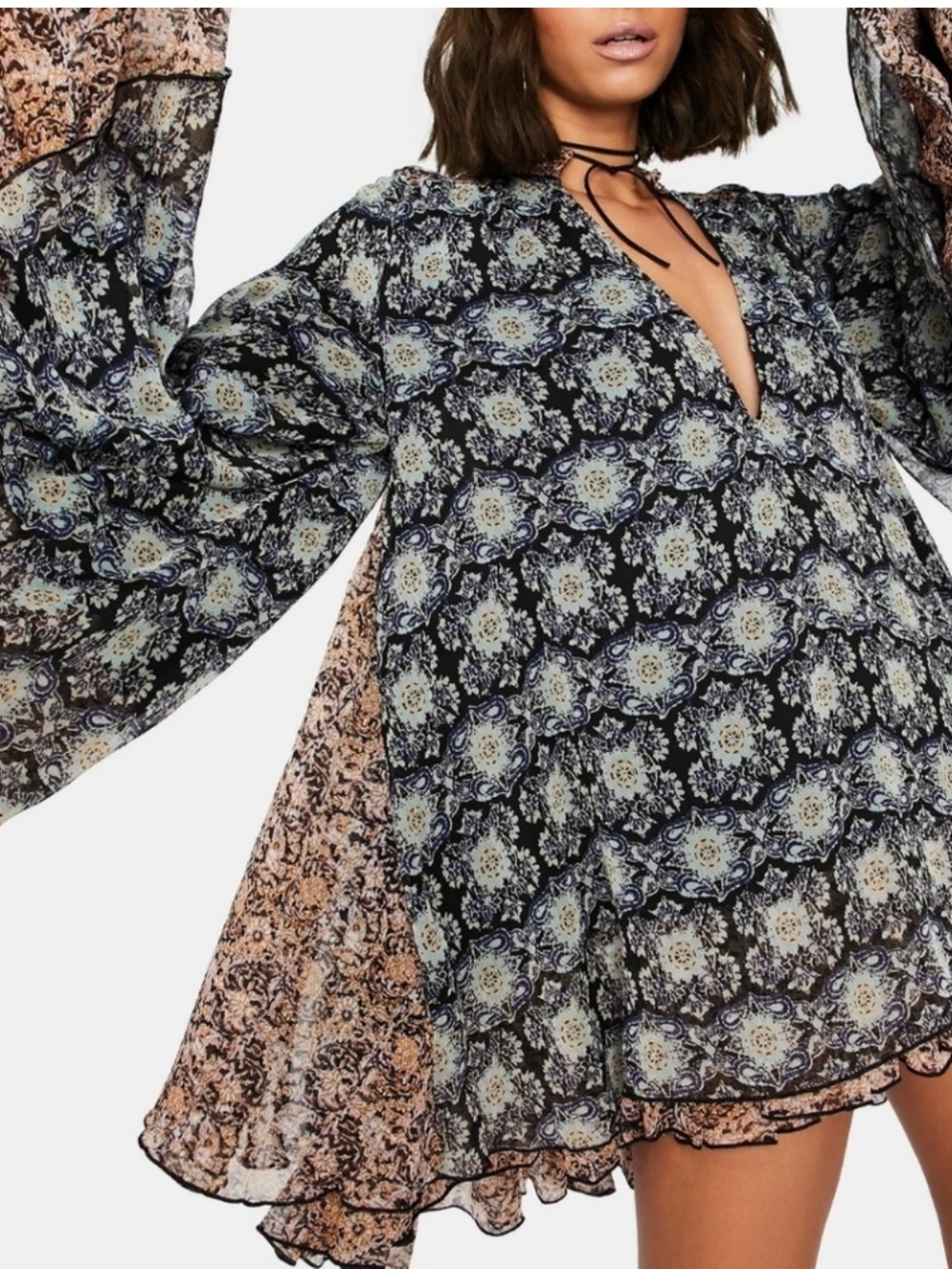 Free People Gabi Tunic Bell Sleeve Swing Dress Floral Mini Dress Size XS